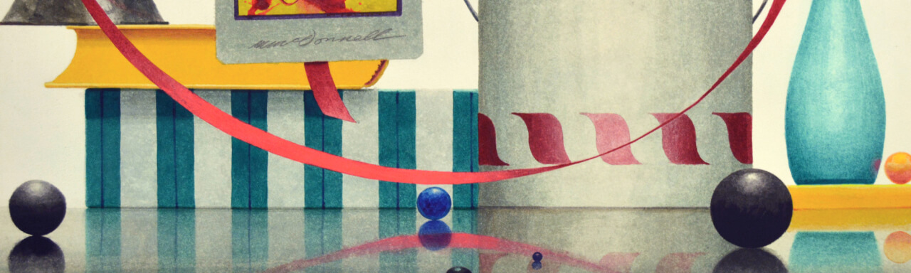 still life of various household objects on reflective surface